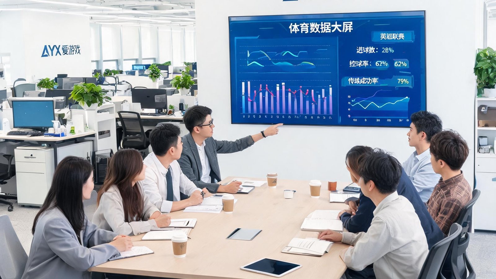 AYX爱游戏中国团队在开放式办公室中讨论体育数据大屏，大家围坐在一起，气氛轻松专业
